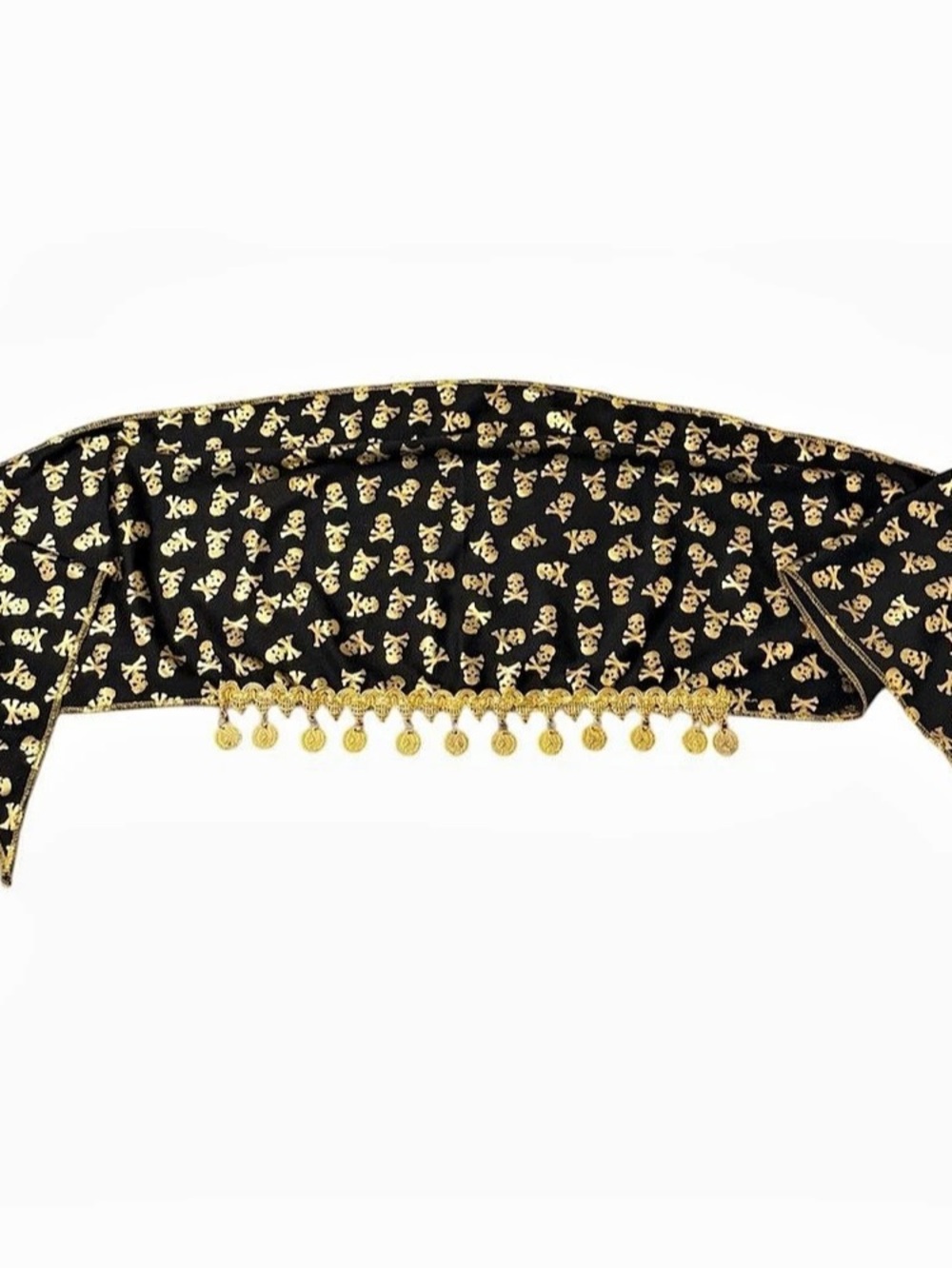 Black & Gold Skull Print Scarf with Coin Charms - Pirate Costume Accessory